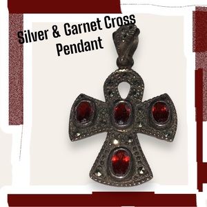 Vintage Sterling Silver  Filigree Cross Pendant with Garnet Stone